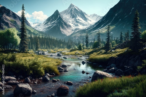 photo of A scenic natural background featuring majestic mountain peaks in the distance - generative ai