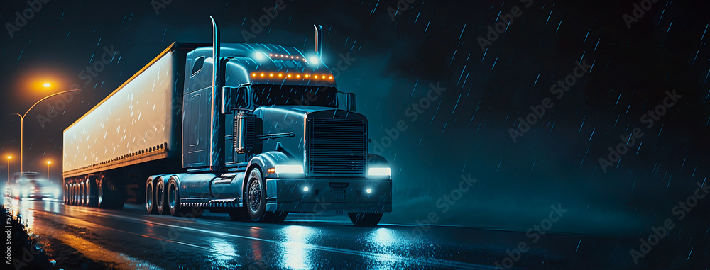 Truck with cargo container on the road. The truck drives along the night highway. Background of the night city, bright lights. A truck on a freeway pulls a load. Transport theme. Banner. AI