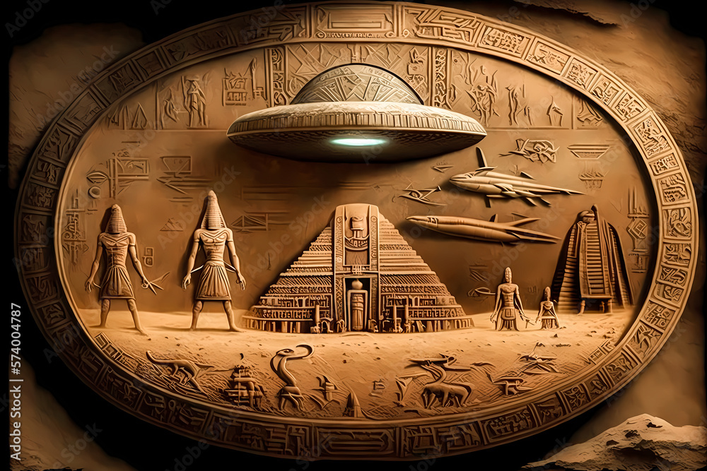 Egyptian hieroglyphs, construction of Egypt pyramids by UFO aliens on flying saucers. Generation AI