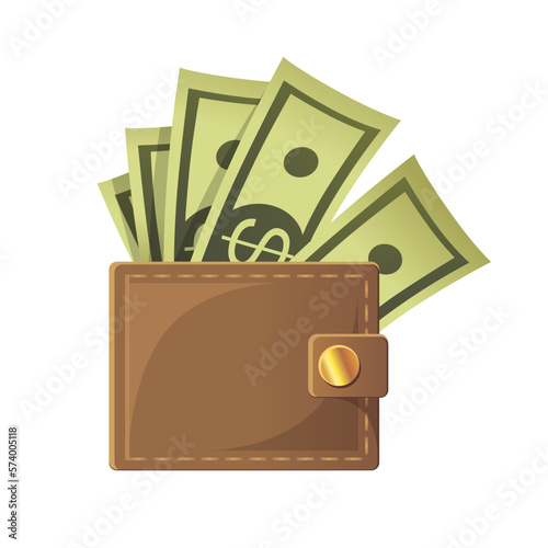Banknotes. Cartoon style. Money wallet with green paper dollars. Business financial investment.
