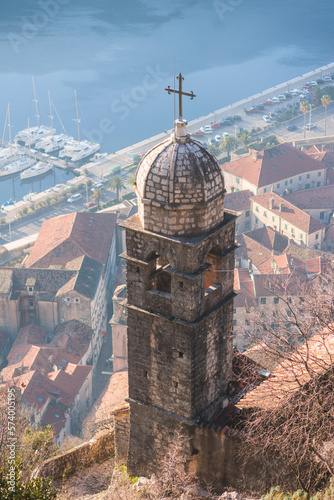 Church of Our Lady of Remedy in Kotor, Montenegro, beautiful top panoramic view of Kotor city old medieval town seen from San Giovanni St. John Fortress, with Adriatic sea, bay of Kotor and mountains