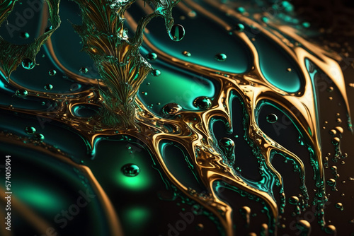 a wallpaper magical armor made of liquid vitreous enamel kintsugi malachite fractal filigree, melting background,generative ai. photo