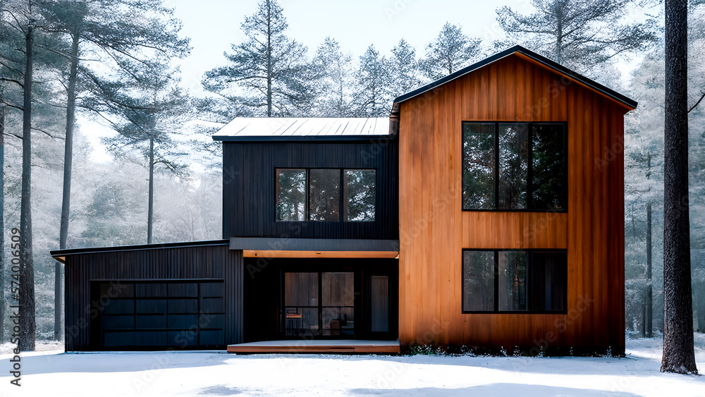 modern house, large windows, wood, garage, located in a forest, in winter, snow modern house, large windows, wood, garage, located in a forest, in winter, snow