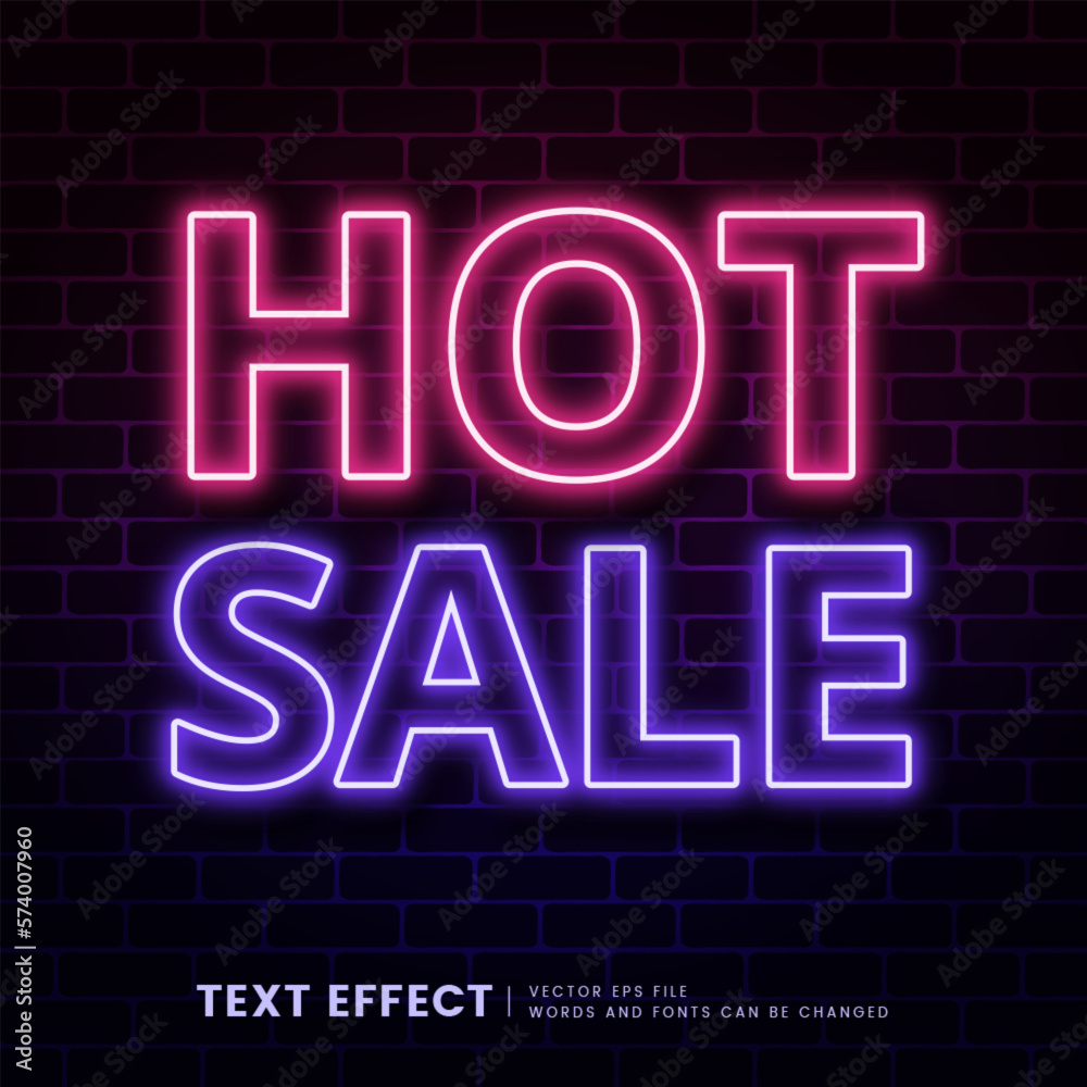 Hot sale text effect. Editable neon font style perfect for headline and title of shop promotion. Hot sale text effect. Editable neon font style perfect for headline and title of shop promotion.