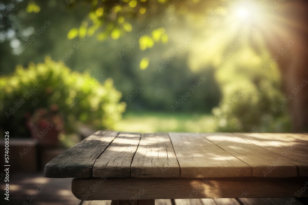 Empty wooden table for product display with blurred garden background. Ai generative Empty wooden table for product display with blurred garden background. Ai generative