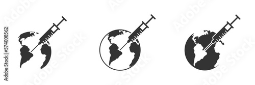 Earth with syringe icon. Vector illustration.