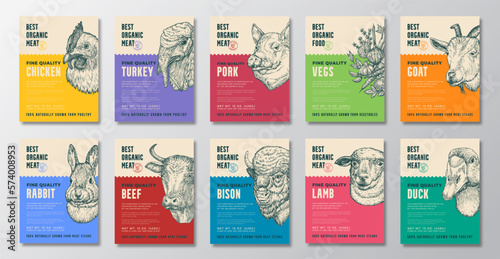 Best Organic Meat, Poultry, Vegetables Vector Packaging Design or Label Templates Set. Farm Grown Food Products Banners. Hand Drawn Domestic Animals Silhouette Backgrounds Layout Collection