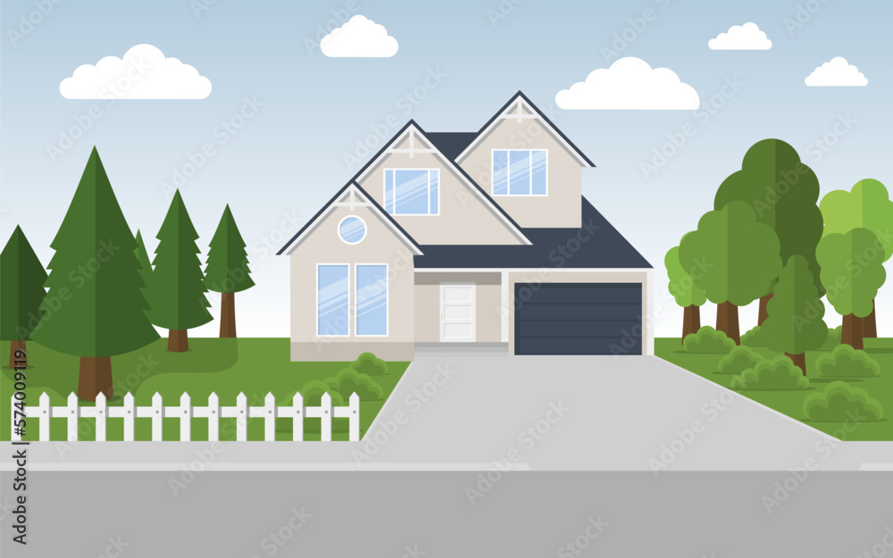 Exterior of the residential house, front view. House with large garden on a street in summer. Vector illustration.
