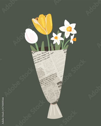 Spring flowers bouquet in newspaper. Tulips and daffodils greeting card for international women day.