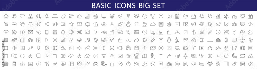 Basic icons set. Thin line icons collection. Business, Media, Shopping, Finance, Contact, Technology, Commerce icon collection. Vector - obrazy, fototapety, plakaty 
