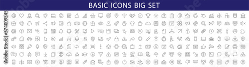 Basic icons set. Thin line icons collection. Business, Media, Shopping, Finance, Contact, Technology, Commerce icon collection. Vector