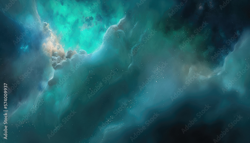 Abstract modern space green blue background. Nebula, dramatic sky, atmosphere. Abstract scientific backdrop. Generative ai illustration