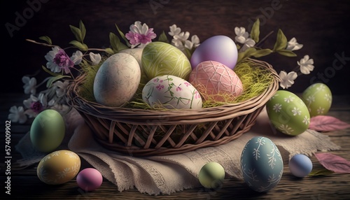 Colorful Easter egg display in a basket, Generative AI