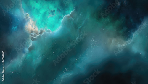 Abstract modern space green blue background. Nebula, dramatic sky, atmosphere. Abstract scientific backdrop. Generative ai illustration