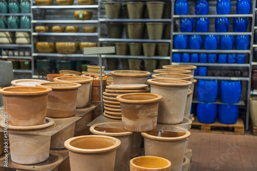 View of big ceramic pots for outdoor plants. Gardening concept. Sweden. 