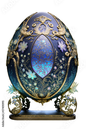 Inspired by Faberge. Easter egg with gold in style of Faberge eggs. Decorative egg. Imitated Faberge egg. Ceramic egg with filigree ornament. Luxury Easter egg. Ornate with gold. Generative AI