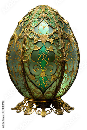 Inspired by Faberge. Easter egg with gold in style of Faberge eggs. Decorative egg. Imitated Faberge egg. Ceramic egg with filigree ornament. Luxury Easter egg. Ornate with gold. Generative AI
