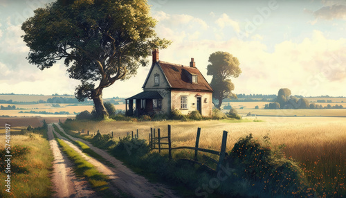 Print op canvas small house in the middle of nature, fields meadows and forests, nature picture