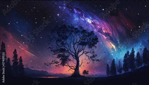 the sky shines in colorful hues, stars can be seen, a large tree in the center