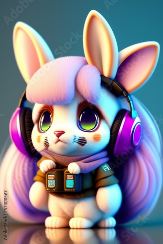 Cute and adorable cartoon female rabbit in headphones an anime nendoroid , sci-fi, ears, dreamlike, surrealism, super cute, trending on artstation, furry, fur, mustache, whiskers, in love eyes photo