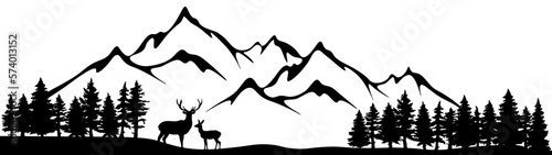 Black silhouette of deer mountains and forest fir trees camping landscape panorama illustration icon vector for logo, isolated on white background