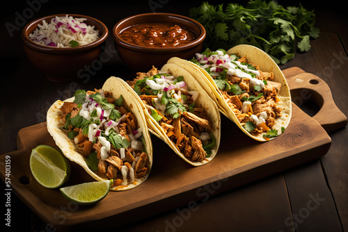 Three authentic mexican tacos, food illustration, Generative AI photo