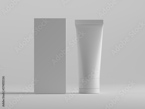 3D rendering of cosmetic tube with box with blank labels. Packaging mockup.