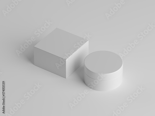 3D rendering of cosmetic jar and box with blank labels. Packaging mockup.