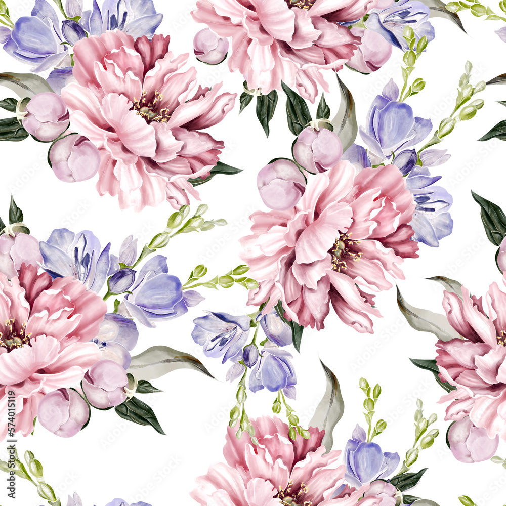 Seamless pattern of peony and crocus, green leaves. Floral wedding card. watercolor Seamless pattern of peony and crocus, green leaves. Floral wedding card. watercolor