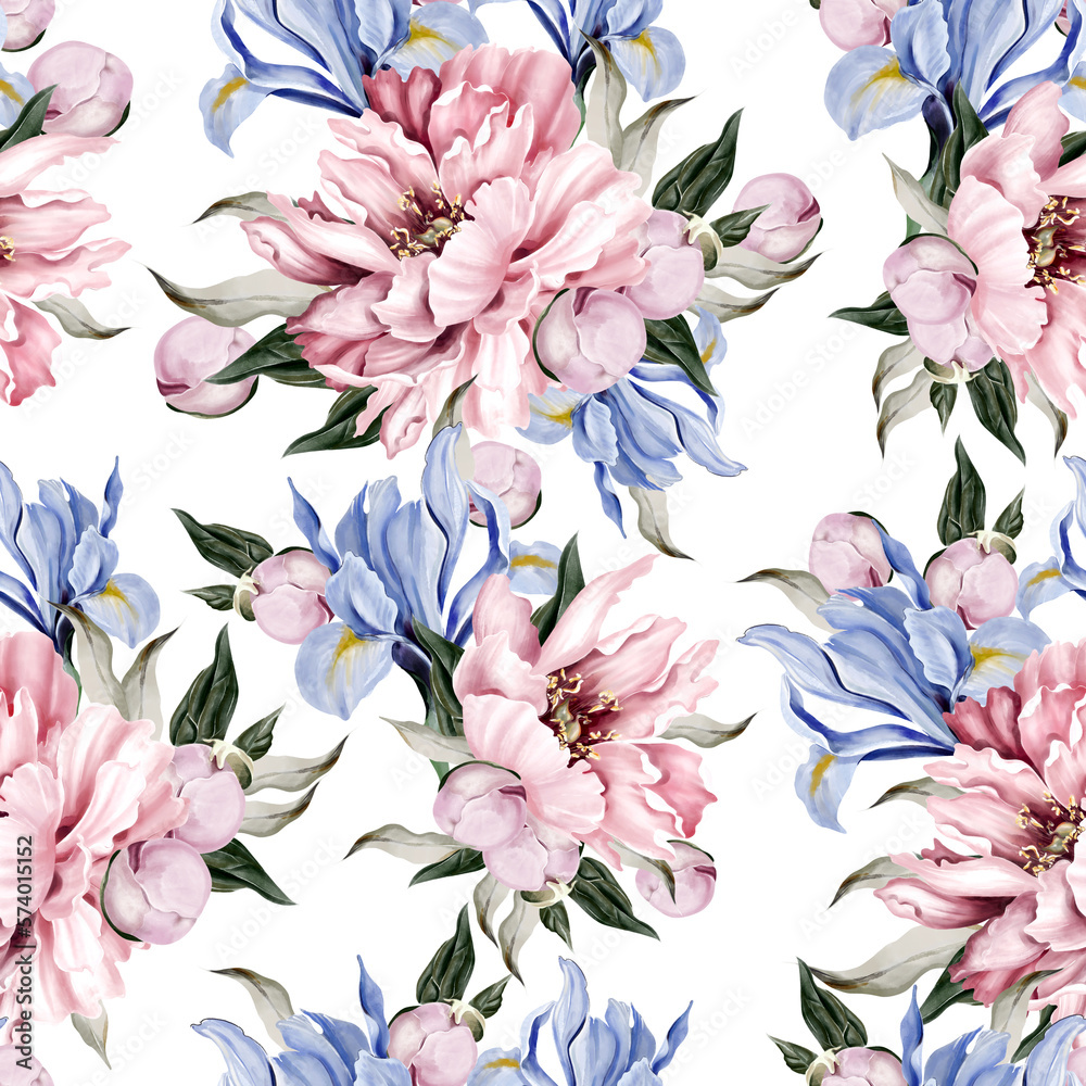Seamless pattern of peony and crocus, green leaves. Floral wedding card. watercolor Seamless pattern of peony and crocus, green leaves. Floral wedding card. watercolor