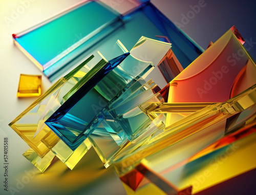 Abstract background of transparent color glass plates. Each plate is a unique shape and hue, creating an ethereal and otherworldly effect. Translucent glass