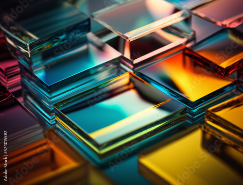Abstract background of transparent color glass plates. Each plate is a unique shape and hue, creating an ethereal and otherworldly effect. Translucent glass