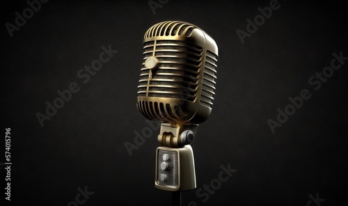  a golden microphone on a black background with a black background. generative ai