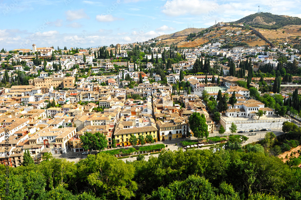 Scenic view of the famous Albaicin neighborhood from the Alhambra in Granada, Andalusia, Spain. The Albaicin is a UNESCO World Heritage Site.