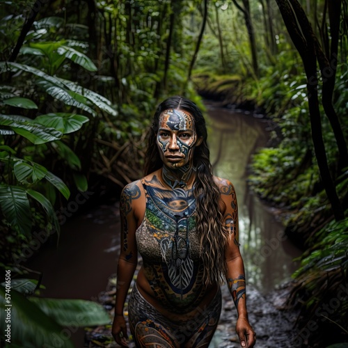 image generated by ai. amazon tribe woman walking in the jungle on the river