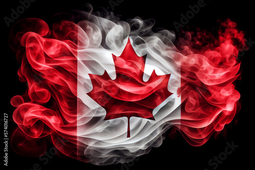 Flag of Canada made of smoke. War or wild fire anstract banner concept. Maple Leaf. Generative Ai. photo