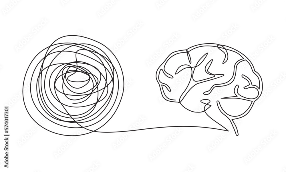 Chaos and brain, abstract minimalist concept vector illustration. Metaphor of disorganized difficult problem mess with single continuous tangle thread in need of unraveling, found solution. Chaos and brain, abstract minimalist concept vector illustration. Metaphor of disorganized difficult problem mess with single continuous tangle thread in need of unraveling, found solution.