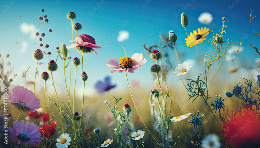 Colorful natural flower meadows landscape with blue sky created using generative ai