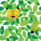 Ilustración con fondo transparente de jaguar jugando entre hojas verdes, para utilizar como fondo de diseño