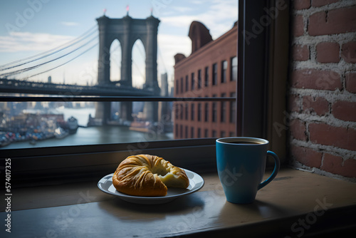 Cup of morning coffee on the windowsill an open window with a croissant bun overlooking brooklyn Manhattan. Travel concept and morning with breakfast at the hotel. Generative AI photo