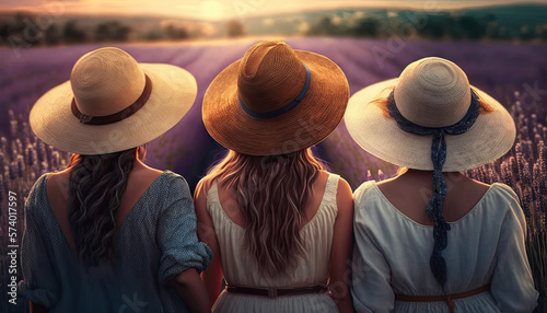 Three Girls Wearing Straw Hats Enjoying a Walk in a Lavender Field created using generative ai