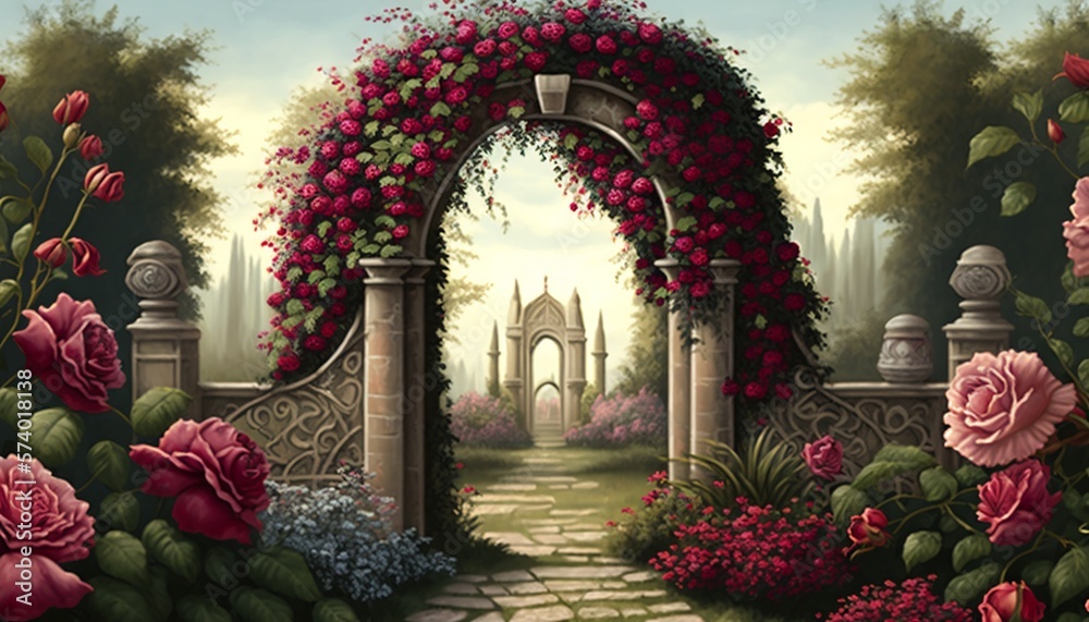 Fototapeta premium Rose garden ancient arch scenes background.