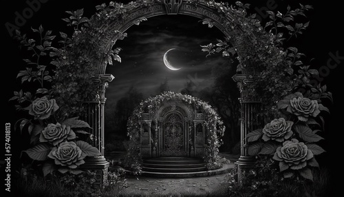 Rose garden ancient arch scenes background at night