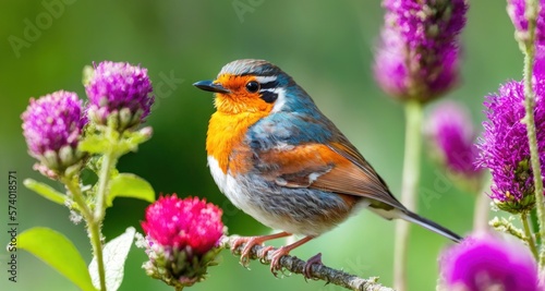 Fotografia The Joy of Spring: A Robin Amongst the Flowers generative AI
