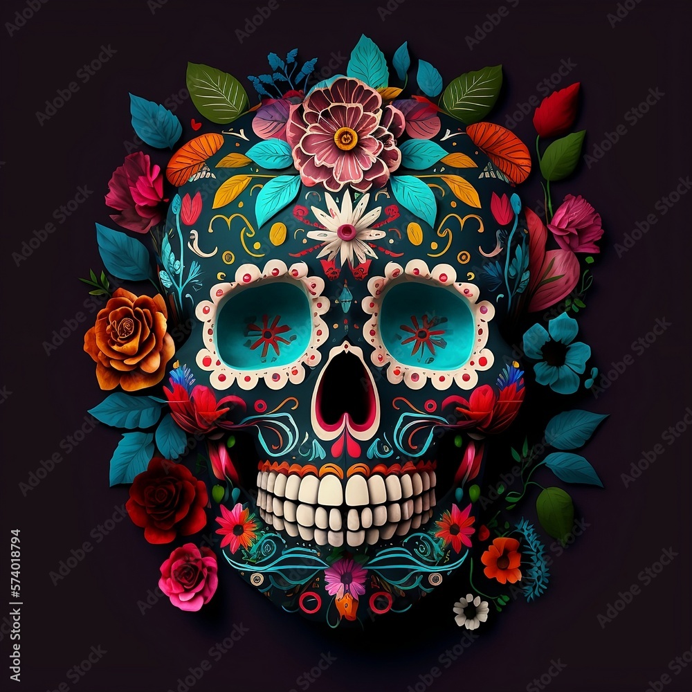 Mexican Sugar Skull . Calavera as a Joyful Tribute to Mexican Culture. Day of the Dead design.Vector illustration of an ornately decorated Day of the Dead. Beautiful abstract Human skull.Generative AI