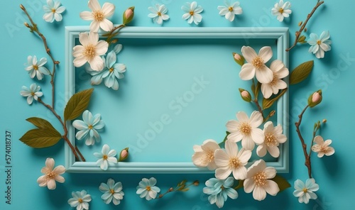  a blue frame with white flowers and leaves on a blue background. generative ai