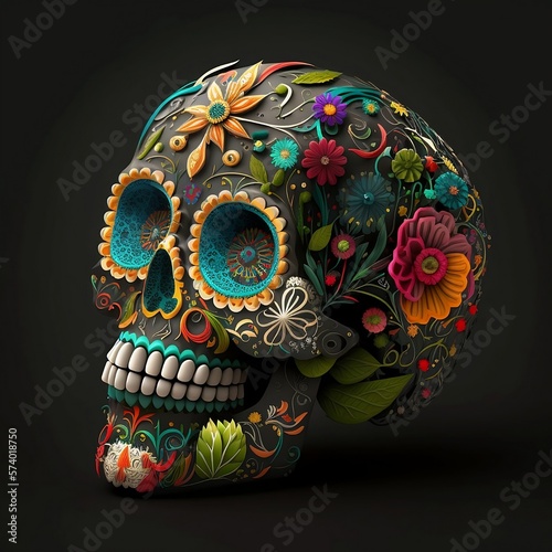 Mexican Sugar Skull . Calavera as a Joyful Tribute to Mexican Culture. Day of the Dead design.Vector illustration of an ornately decorated Day of the Dead. Beautiful abstract Human skull.Generative AI