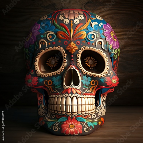 Mexican Sugar Skull . Calavera as a Joyful Tribute to Mexican Culture. Day of the Dead design.Vector illustration of an ornately decorated Day of the Dead. Beautiful abstract Human skull.Generative AI photo