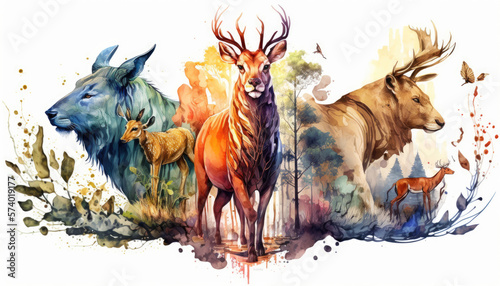 Save wild life animals concept art, watercolor Generative AI illustration isolated on white background