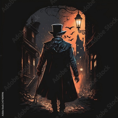 Jack the Ripper walking down the street at night, Generative AI photo